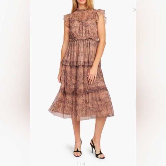 En Saison Dresses & Skirts - 💘 Metallic Snakeskin Print Tiered Ruffle Midi Dress Anthro Rose Gold